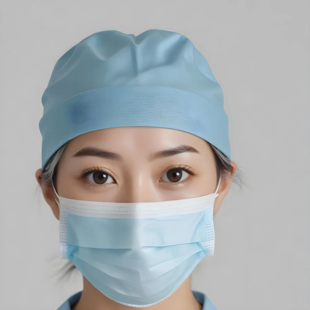 Minimal Soft Studio Light Photography Female Asian Approximately 30 Years Old With Light Hair Wearing A Blue Surgical Cap And A Light Blue Surgical Mask The Background Is A Plain Light Colored Fabric High Detail 26 F07d