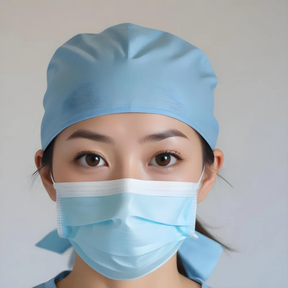 Minimal Soft Studio Light Photography Female Asian Approximately 30 Years Old With Light Hair Wearing A Blue Surgical Cap And A Light Blue Surgical Mask The Background Is A Plain Light Colored Fabric High Detail 3 A4e8