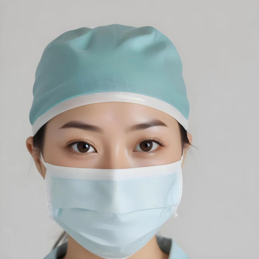 Minimal Soft Studio Light Photography Female Asian Approximately 30 Years Old With Light Hair Wearing A Blue Surgical Cap And A Light Blue Surgical Mask The Background Is A Plain Light Colored Fabric High Detail 33 D491