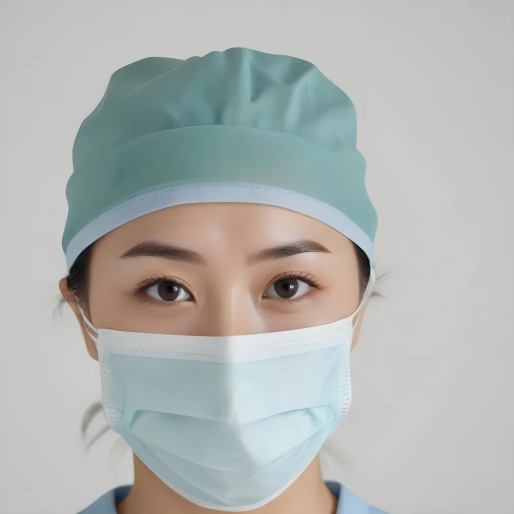 Minimal Soft Studio Light Photography Female Asian Approximately 30 Years Old With Light Hair Wearing A Blue Surgical Cap And A Light Blue Surgical Mask The Background Is A Plain Light Colored Fabric High Detail 39 Caf9