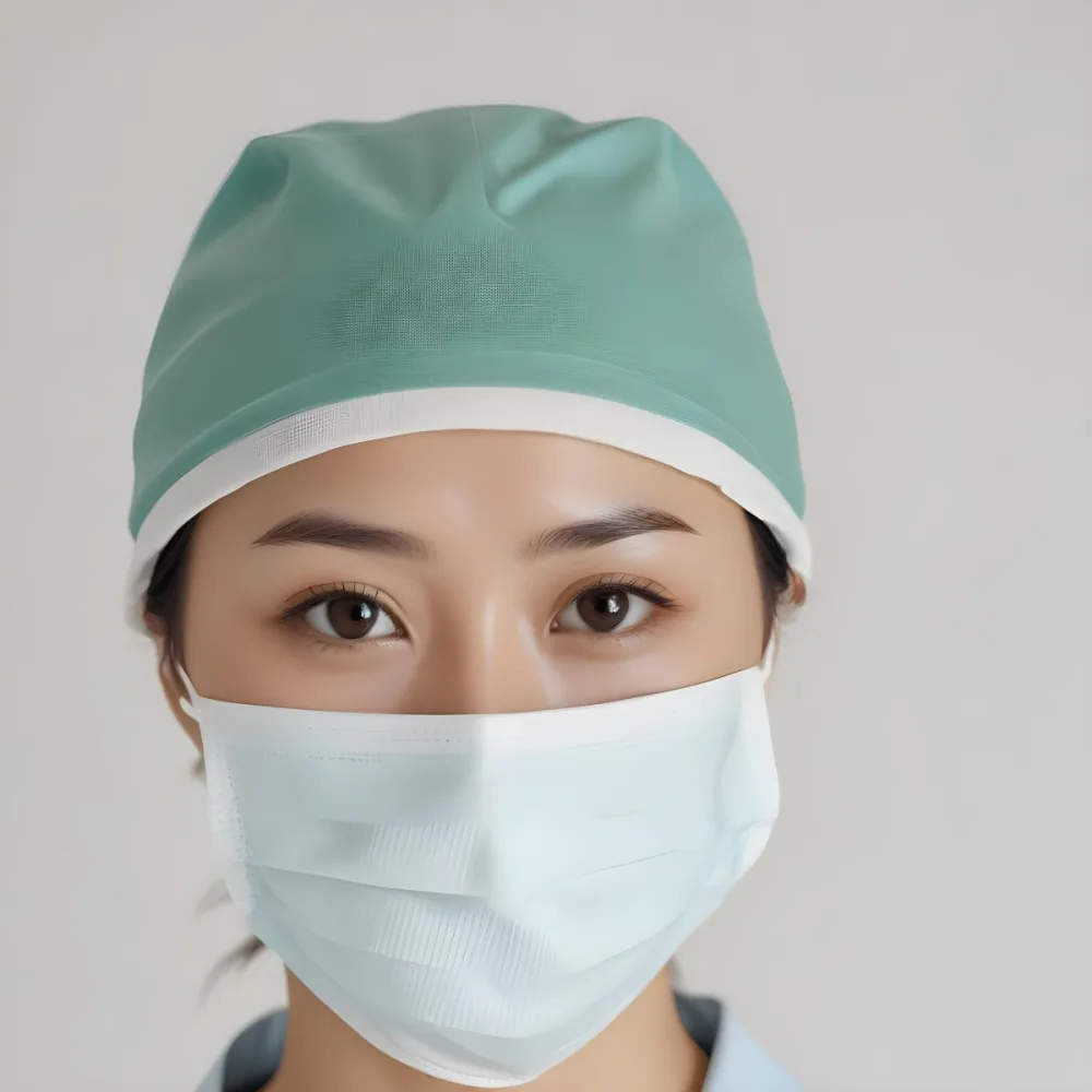 Minimal Soft Studio Light Photography Female Asian Approximately 30 Years Old With Light Hair Wearing A Blue Surgical Cap And A Light Blue Surgical Mask The Background Is A Plain Light Colored Fabric High Detail 42 0e1f