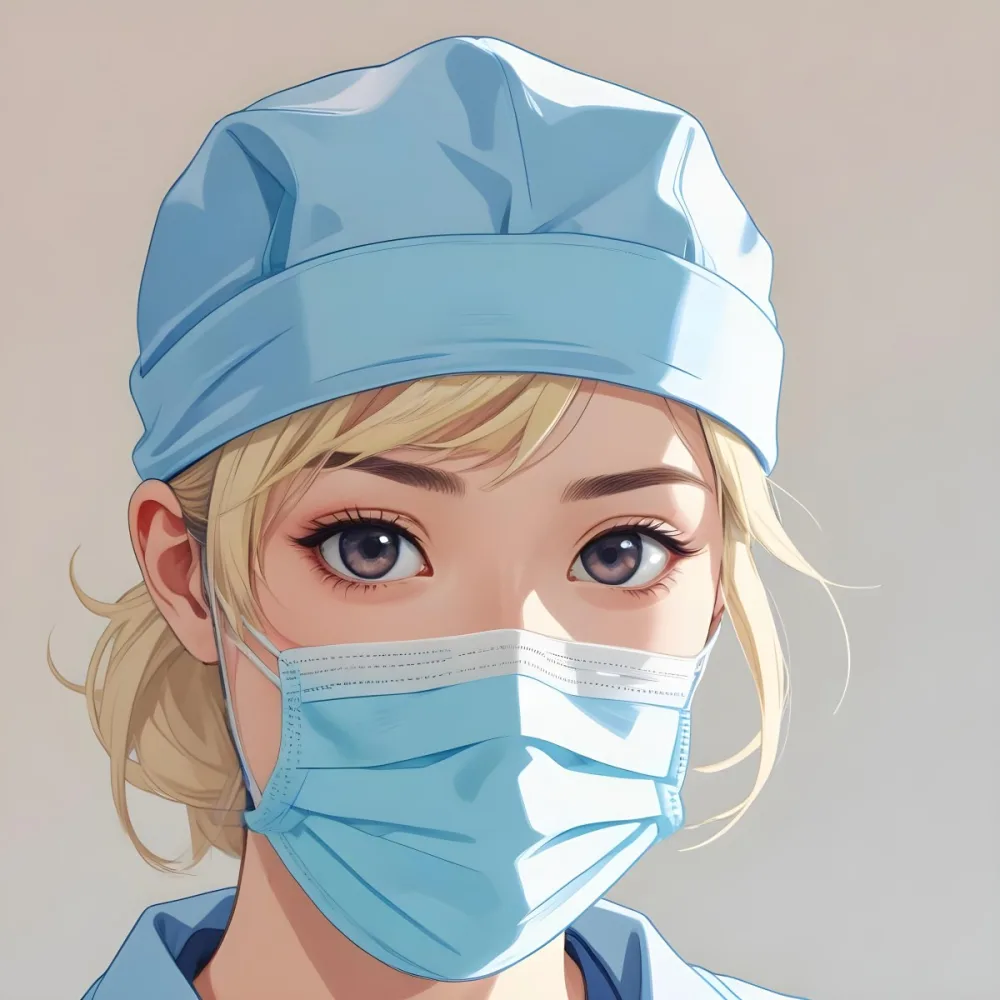 Minimal Soft Studio Light Photography Female Asian Approximately 30 Years Old With Light Hair Wearing A Blue Surgical Cap And A Light Blue Surgical Mask The Background Is A Plain Light Colored Fabric High Detail 51 04d7