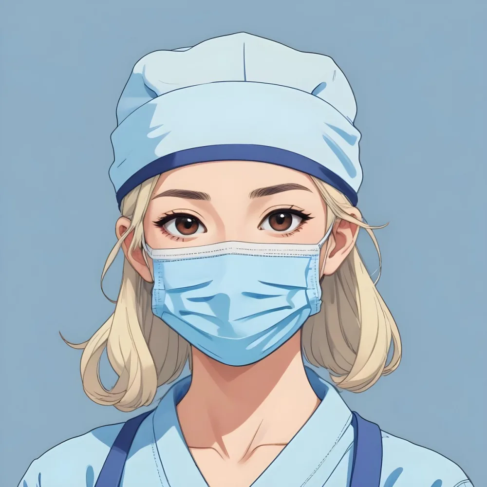 Minimal Soft Studio Light Photography Female Asian Approximately 30 Years Old With Light Hair Wearing A Blue Surgical Cap And A Light Blue Surgical Mask The Background Is A Plain Light Colored Fabric High Detail 67 38e1