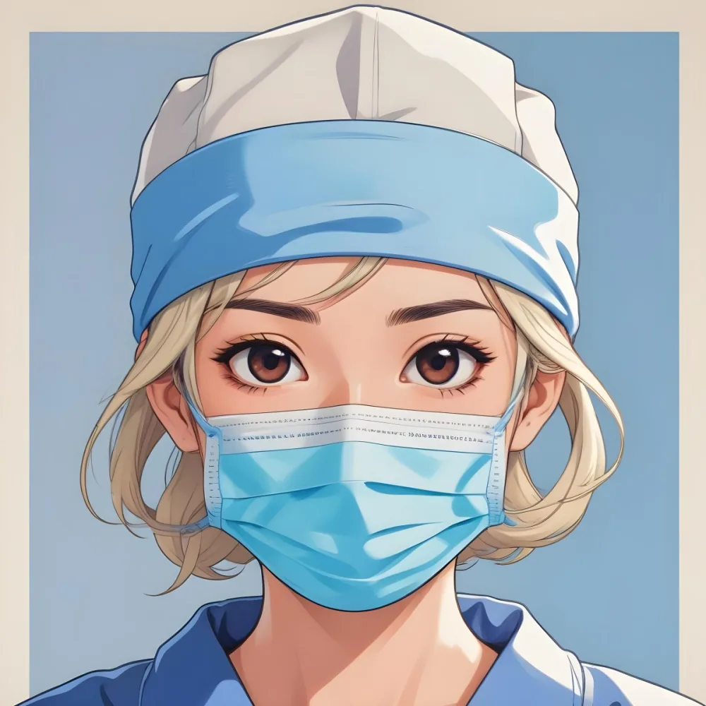 Minimal Soft Studio Light Photography Female Asian Approximately 30 Years Old With Light Hair Wearing A Blue Surgical Cap And A Light Blue Surgical Mask The Background Is A Plain Light Colored Fabric High Detail 70 9ae9