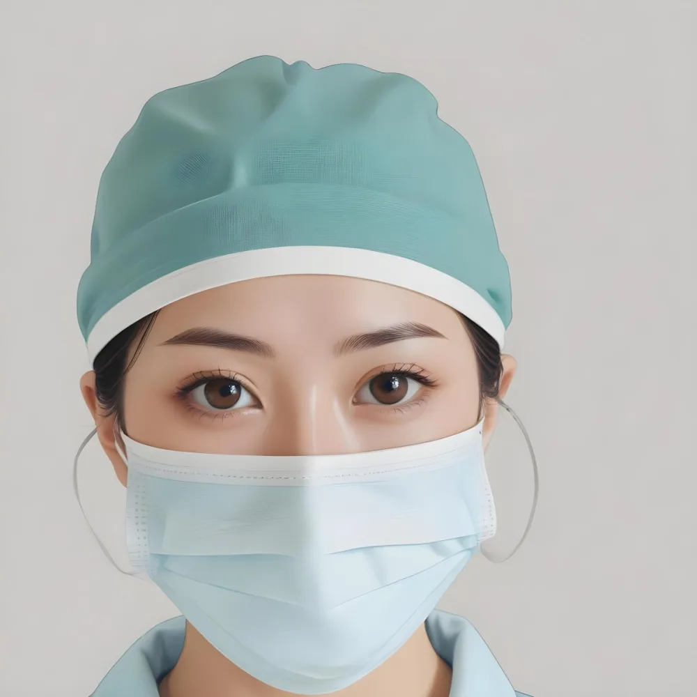 Minimal Soft Studio Light Photography Female Asian Approximately 30 Years Old With Light Hair Wearing A Blue Surgical Cap And A Light Blue Surgical Mask The Background Is A Plain Light Colored Fabric High Detail 76 E5b1