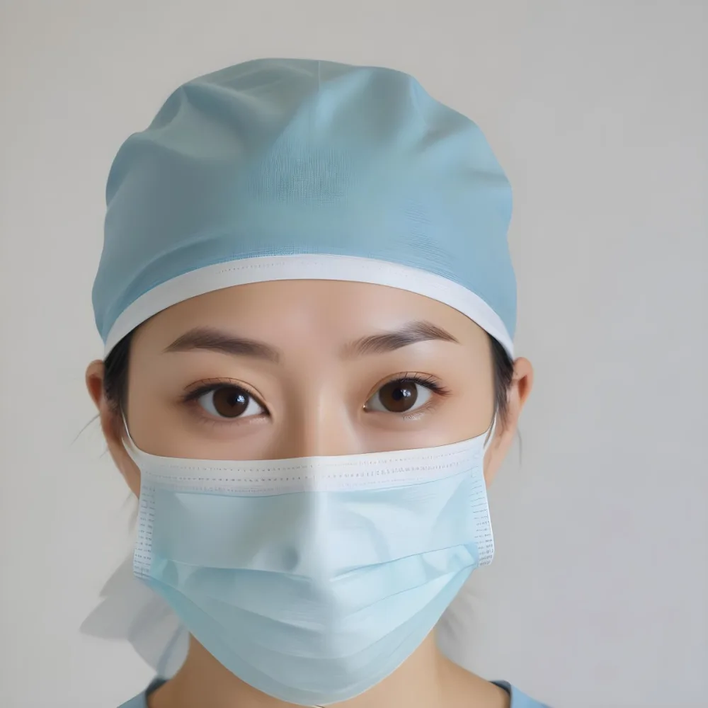 Minimal Soft Studio Light Photography Female Asian Approximately 30 Years Old With Light Hair Wearing A Blue Surgical Cap And A Light Blue Surgical Mask The Background Is A Plain Light Colored Fabric High Detail 8 49b8