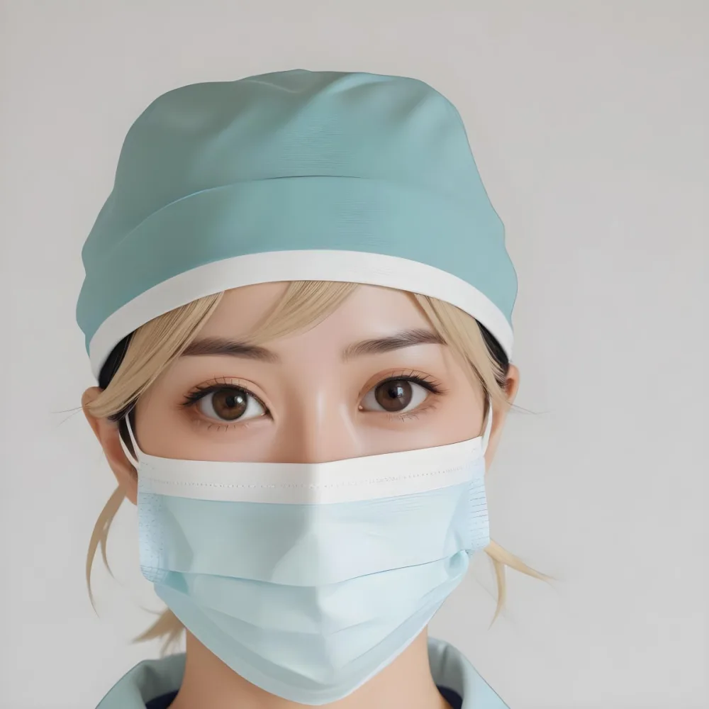 Minimal Soft Studio Light Photography Female Asian Approximately 30 Years Old With Light Hair Wearing A Blue Surgical Cap And A Light Blue Surgical Mask The Background Is A Plain Light Colored Fabric High Detail 80 75ff