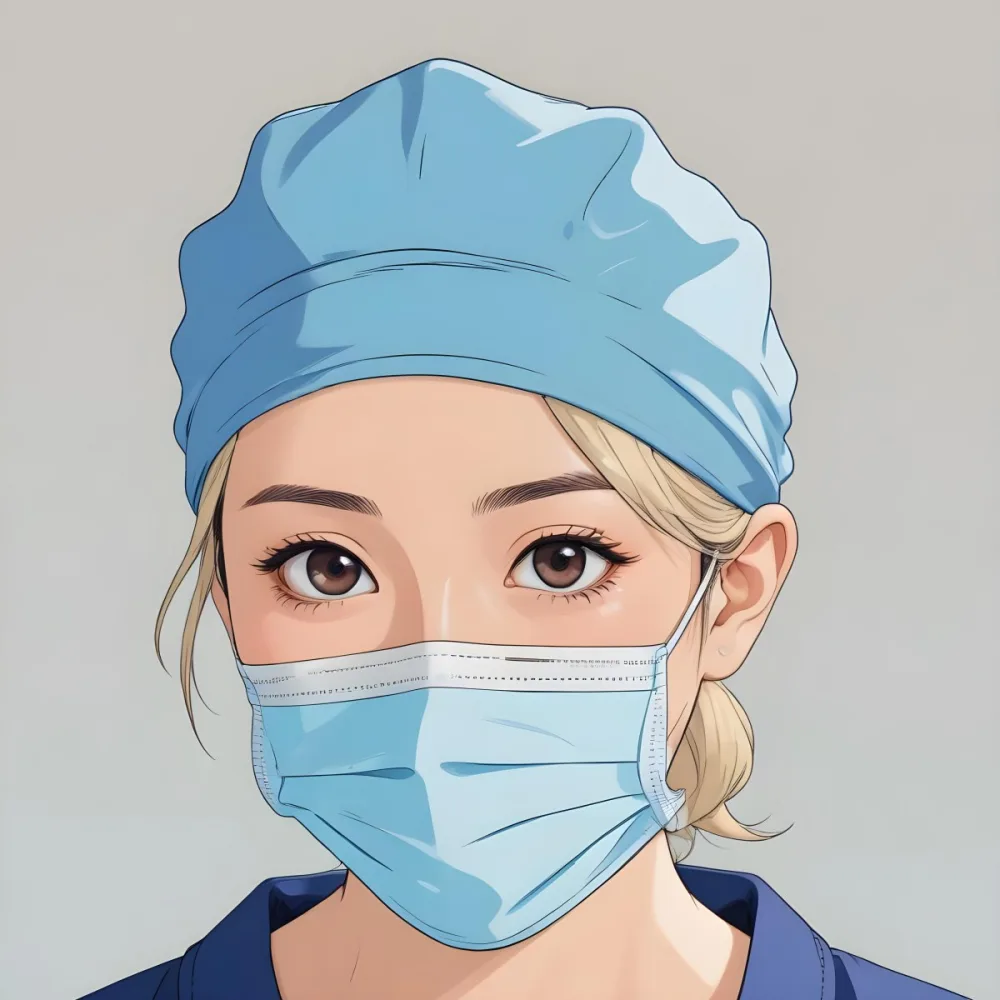 Minimal Soft Studio Light Photography Female Asian Approximately 30 Years Old With Light Hair Wearing A Blue Surgical Cap And A Light Blue Surgical Mask The Background Is A Plain Light Colored Fabric High Detail 81 D76a