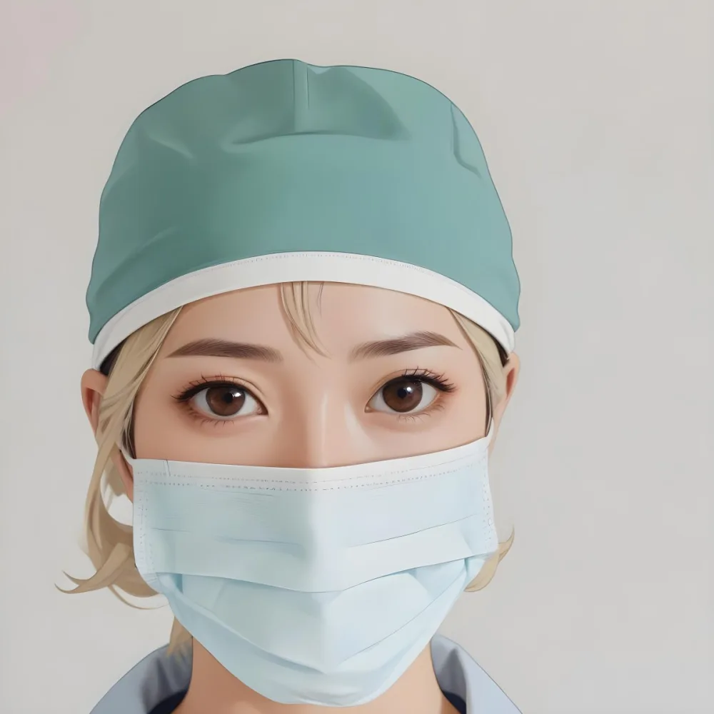 Minimal Soft Studio Light Photography Female Asian Approximately 30 Years Old With Light Hair Wearing A Blue Surgical Cap And A Light Blue Surgical Mask The Background Is A Plain Light Colored Fabric High Detail 82 7b91