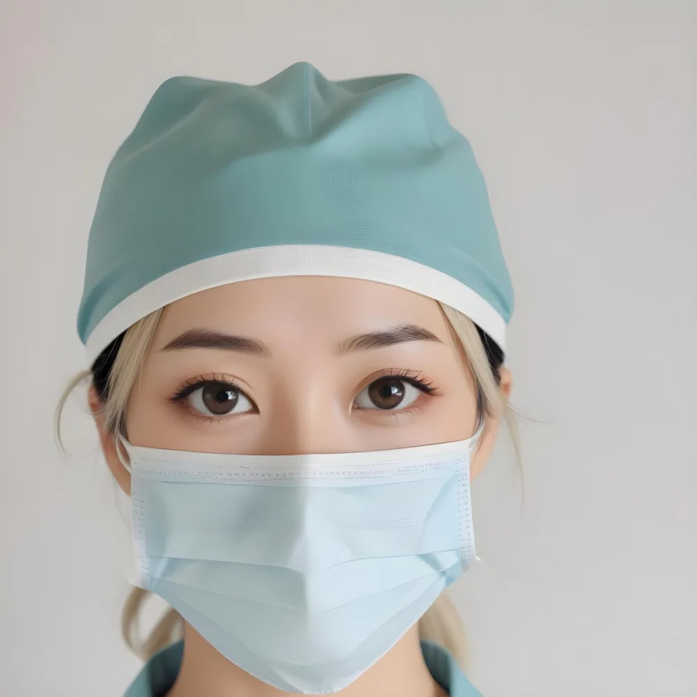 Minimal Soft Studio Light Photography Female Asian Approximately 30 Years Old With Light Hair Wearing A Blue Surgical Cap And A Light Blue Surgical Mask The Background Is A Plain Light Colored Fabric High Detail 86 2893