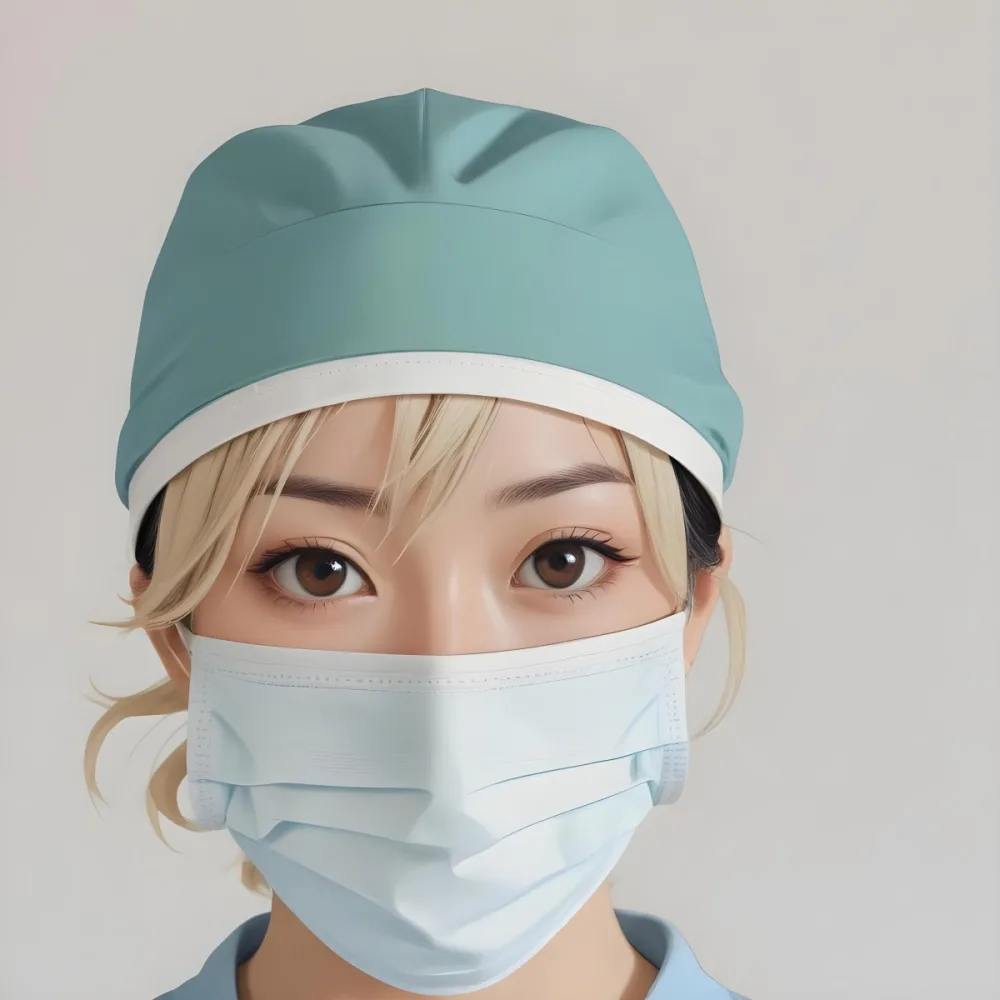 Minimal Soft Studio Light Photography Female Asian Approximately 30 Years Old With Light Hair Wearing A Blue Surgical Cap And A Light Blue Surgical Mask The Background Is A Plain Light Colored Fabric High Detail 87 2205