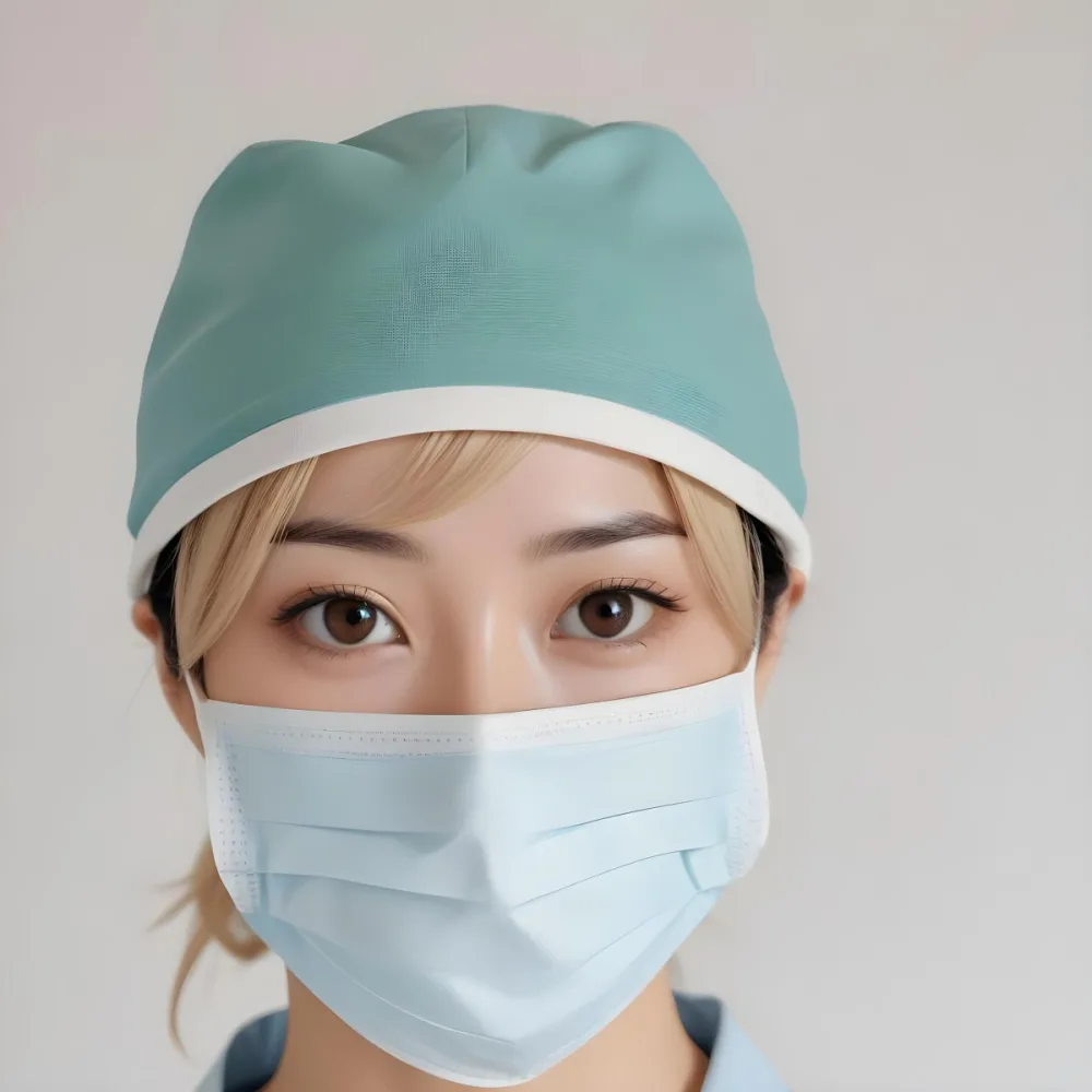 Minimal Soft Studio Light Photography Female Asian Approximately 30 Years Old With Light Hair Wearing A Blue Surgical Cap And A Light Blue Surgical Mask The Background Is A Plain Light Colored Fabric High Detail 88 A942