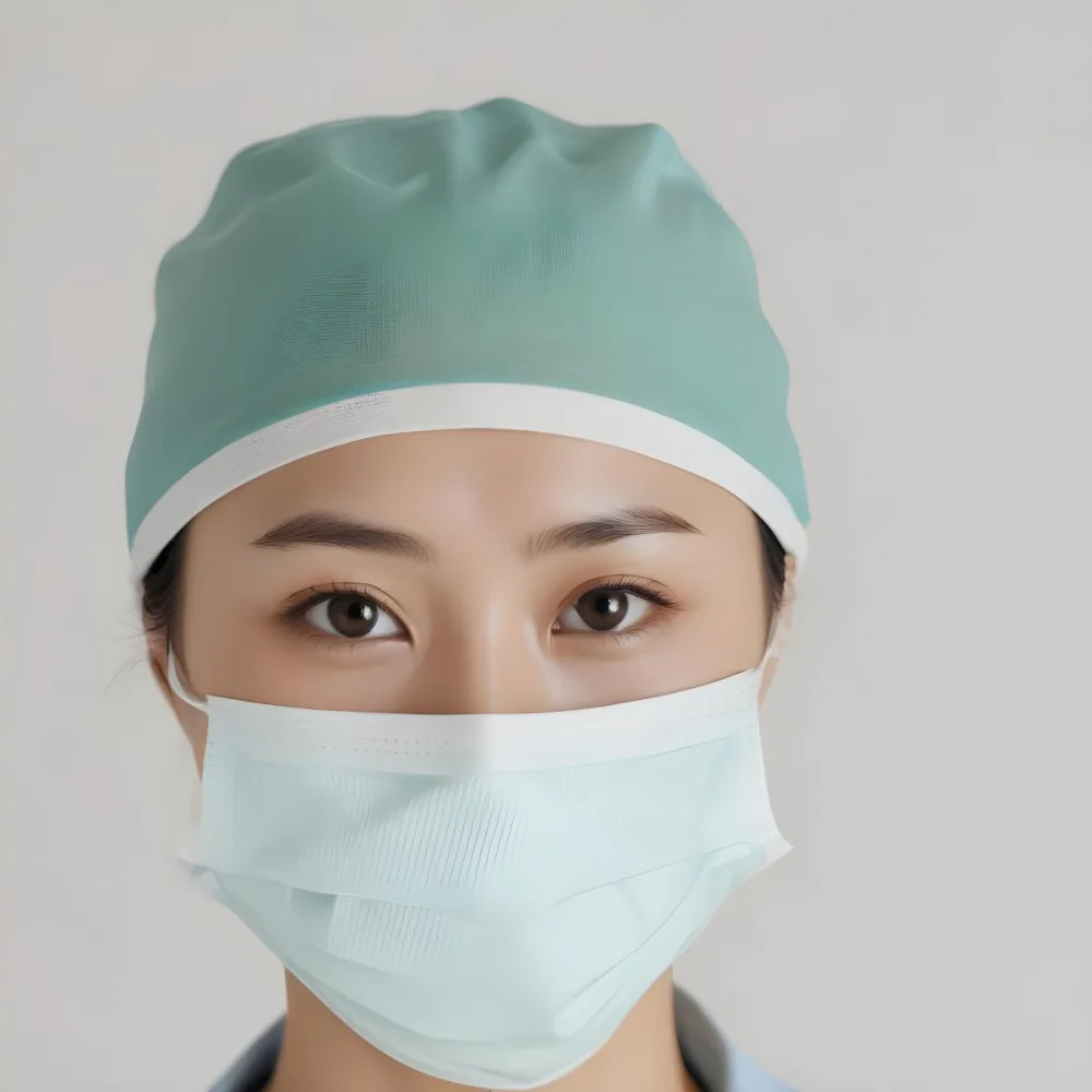 Minimal Soft Studio Light Photography Female Asian Approximately 30 Years Old With Light Hair Wearing A Blue Surgical Cap And A Light Blue Surgical Mask The Background Is A Plain Light Colored Fabric High Detail 89 38b6