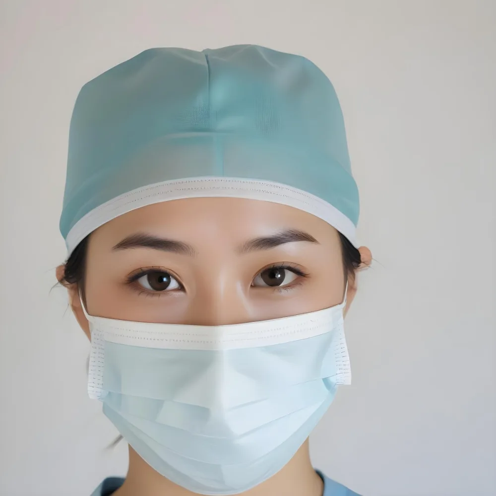 Minimal Soft Studio Light Photography Female Asian Approximately 30 Years Old With Light Hair Wearing A Blue Surgical Cap And A Light Blue Surgical Mask The Background Is A Plain Light Colored Fabric High Detail 9 6840