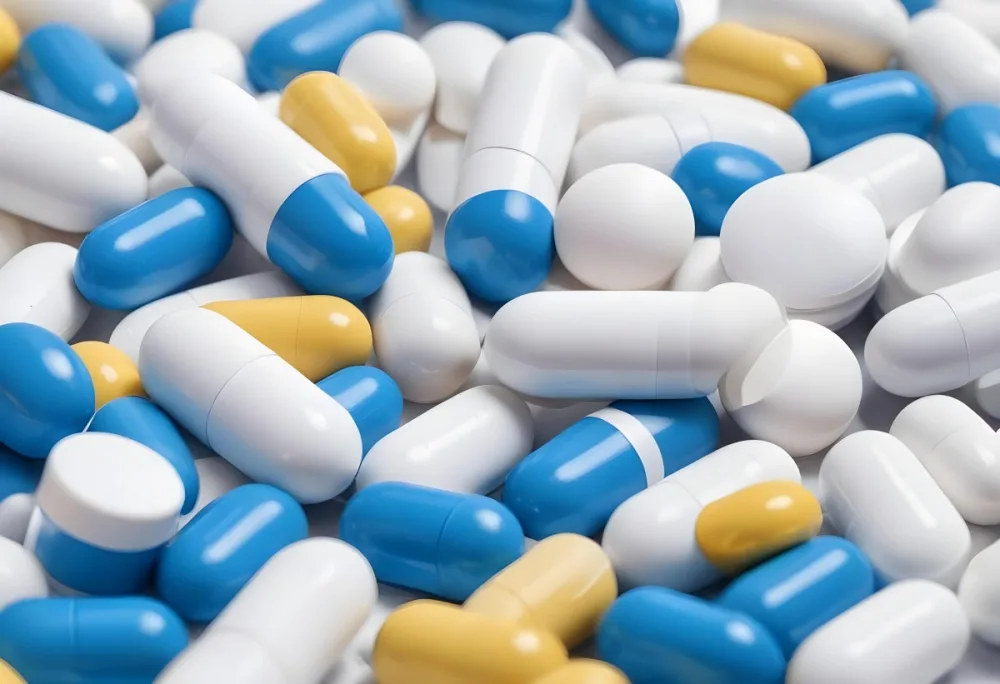 Pile Of Blue White And Yellow Pills And Capsules Pharmaceutical Drugs Medicine Health And Wellness Concept 6 32de