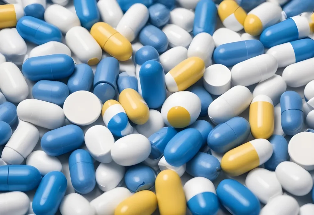 Pile Of Blue White And Yellow Pills And Capsules Pharmaceutical Drugs Medicine Health And Wellness Concept 7 8f8b