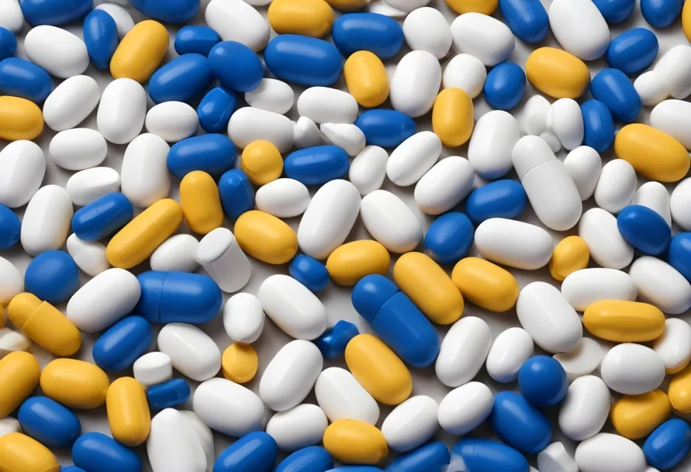 Pile Of Blue White And Yellow Pills And Capsules Pharmaceutical Drugs Medicine Health And Wellness Concept 8 4889