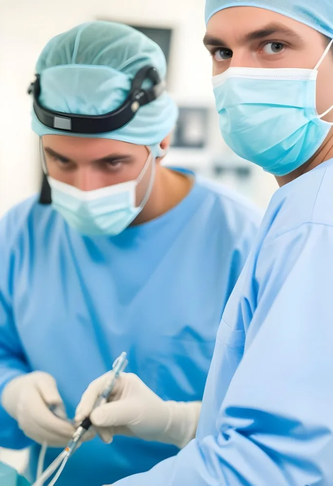 Two Male Surgeons In Surgical Scrubs And Masks One Wearing A Headlamp Engaged In A Medical Procedure The Background Is A Clinical Environment With Medical Equipment 10 680d