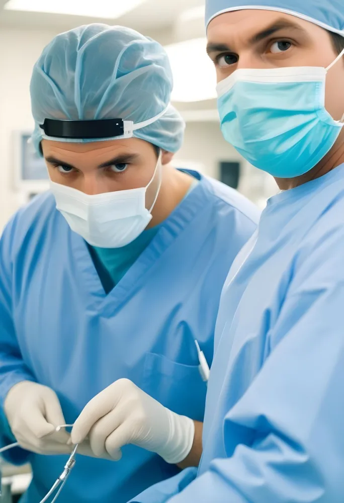 Two Male Surgeons In Surgical Scrubs And Masks One Wearing A Headlamp Engaged In A Medical Procedure The Background Is A Clinical Environment With Medical Equipment 13 Ac50