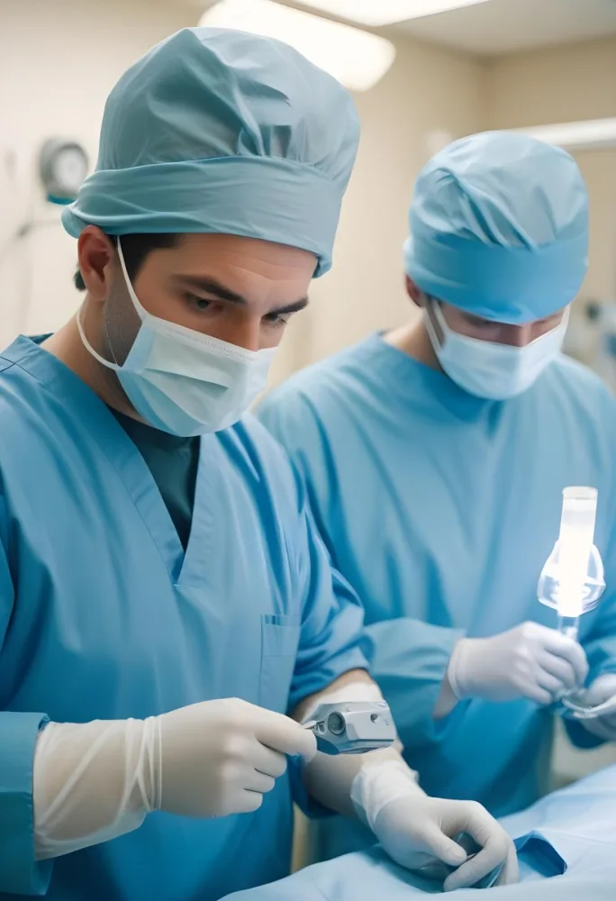 Two Male Surgeons In Surgical Scrubs And Masks One Wearing A Headlamp Engaged In A Medical Procedure The Background Is A Clinical Environment With Medical Equipment 14 2526