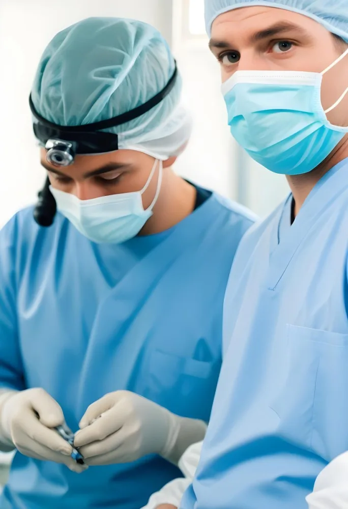 Two Male Surgeons In Surgical Scrubs And Masks One Wearing A Headlamp Engaged In A Medical Procedure The Background Is A Clinical Environment With Medical Equipment 17 Ff04