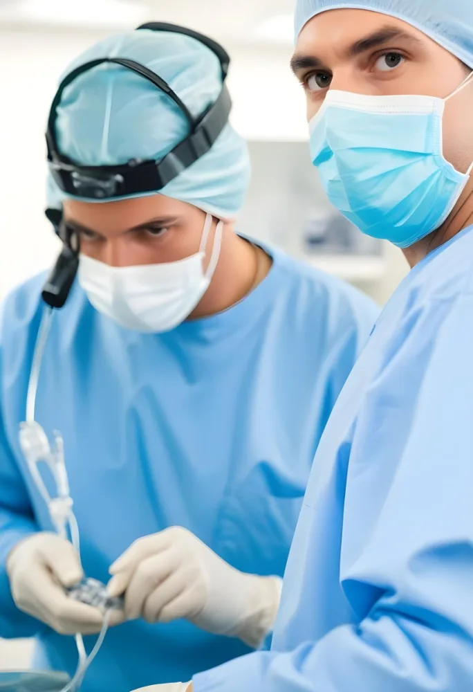 Two Male Surgeons In Surgical Scrubs And Masks One Wearing A Headlamp Engaged In A Medical Procedure The Background Is A Clinical Environment With Medical Equipment 19 570b