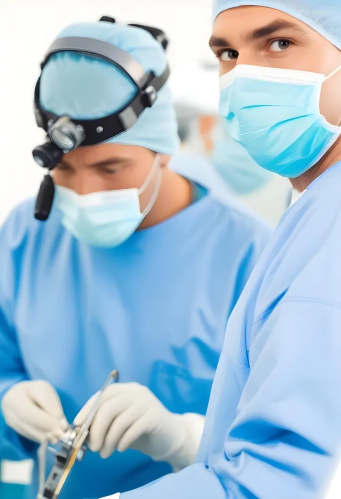 Two Male Surgeons In Surgical Scrubs And Masks One Wearing A Headlamp Engaged In A Medical Procedure The Background Is A Clinical Environment With Medical Equipment 3 9b0f