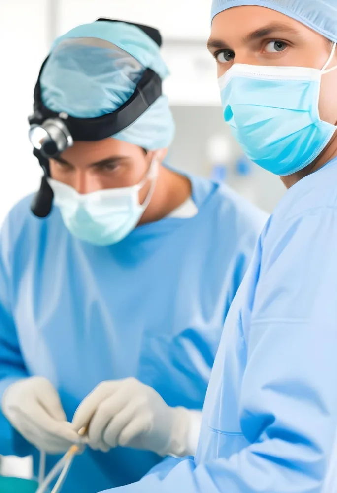 Two Male Surgeons In Surgical Scrubs And Masks One Wearing A Headlamp Engaged In A Medical Procedure The Background Is A Clinical Environment With Medical Equipment 4 752a