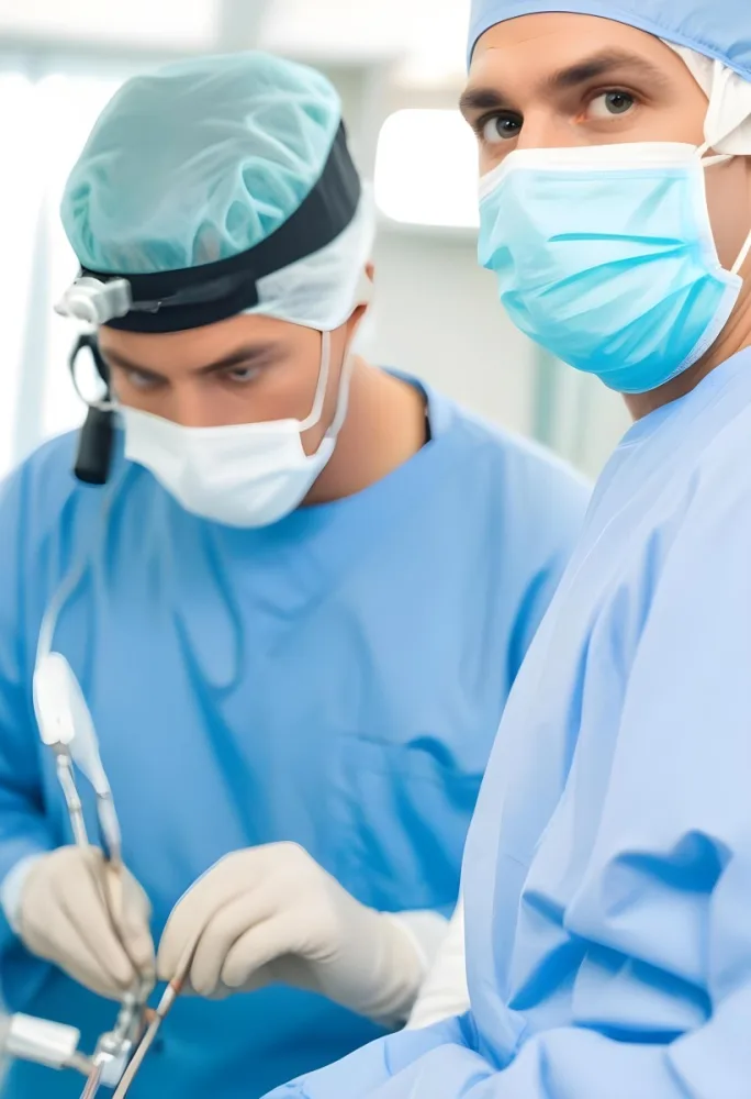 Two Male Surgeons In Surgical Scrubs And Masks One Wearing A Headlamp Engaged In A Medical Procedure The Background Is A Clinical Environment With Medical Equipment 5 1dea