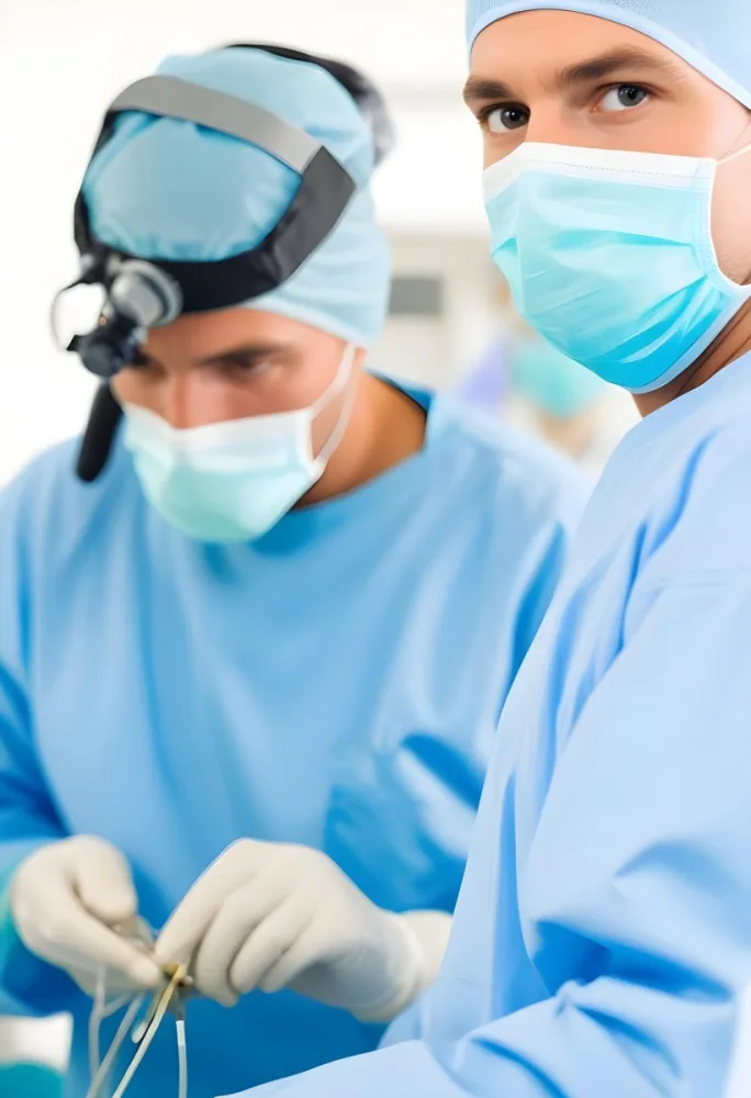 Two Male Surgeons In Surgical Scrubs And Masks One Wearing A Headlamp Engaged In A Medical Procedure The Background Is A Clinical Environment With Medical Equipment 6 3e92