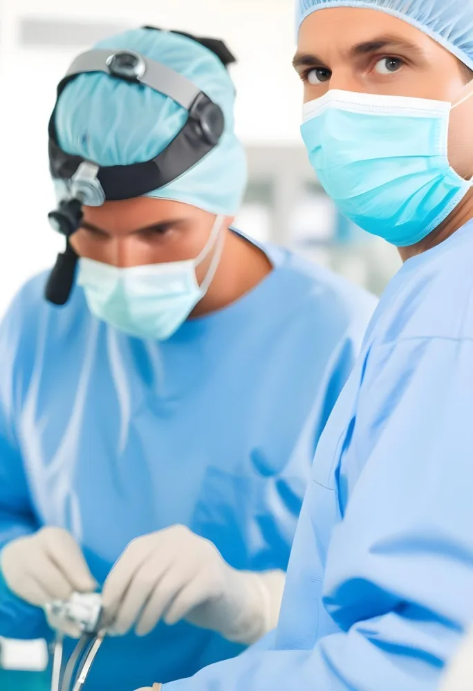 Two Male Surgeons In Surgical Scrubs And Masks One Wearing A Headlamp Engaged In A Medical Procedure The Background Is A Clinical Environment With Medical Equipment 8 E190
