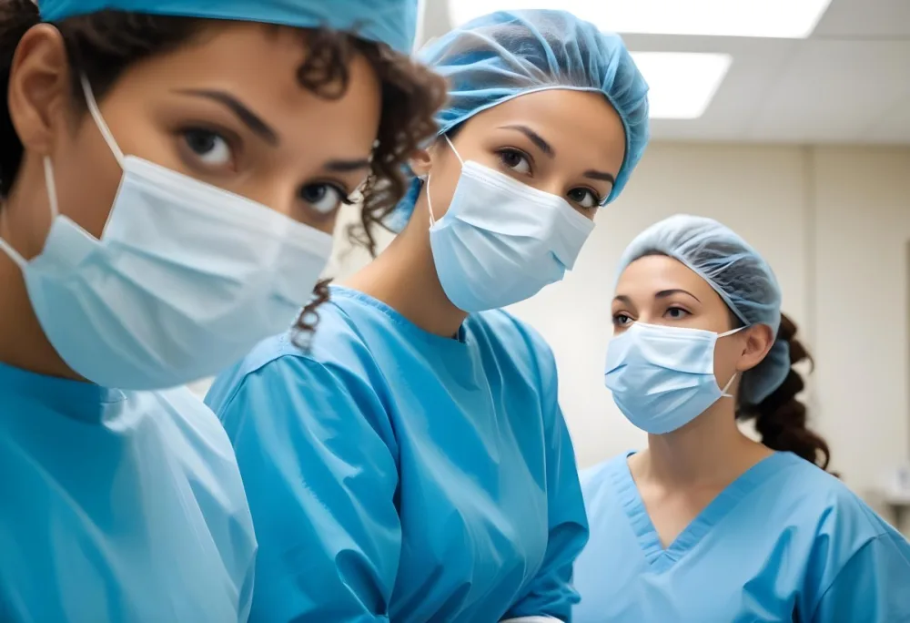 Two Mixed Race Women Average Age 30 Wearing Surgical Masks And Blue Gowns In A Hospital 2 D6dd