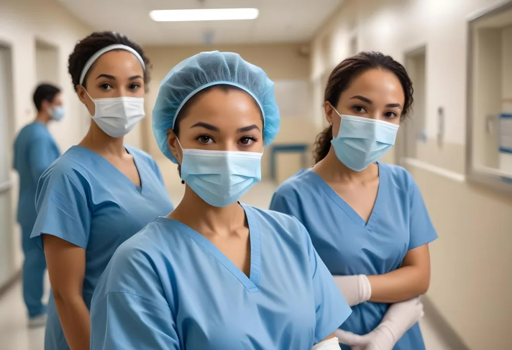 Two Mixed Race Women Average Age 30 Wearing Surgical Masks And Blue Gowns In A Hospital 4 7a16