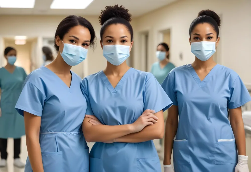 Two Mixed Race Women Average Age 30 Wearing Surgical Masks And Blue Gowns In A Hospital 5 3414