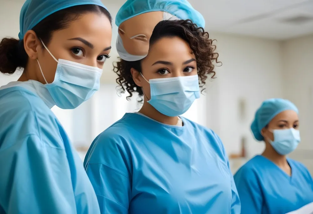 Two Mixed Race Women Average Age 30 Wearing Surgical Masks And Blue Gowns In A Hospital 6 5bb4