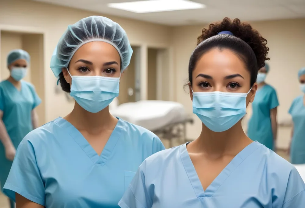 Two Mixed Race Women Average Age 30 Wearing Surgical Masks And Blue Gowns In A Hospital 7 724c