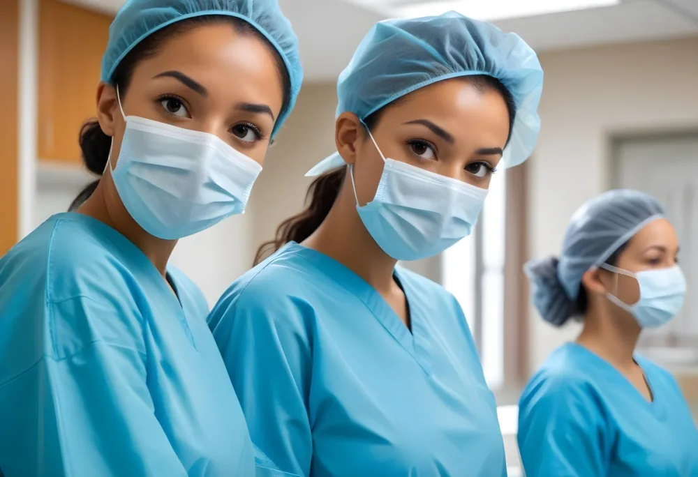 Two Mixed Race Women Average Age 30 Wearing Surgical Masks And Blue Gowns In A Hospital 8 Cca4