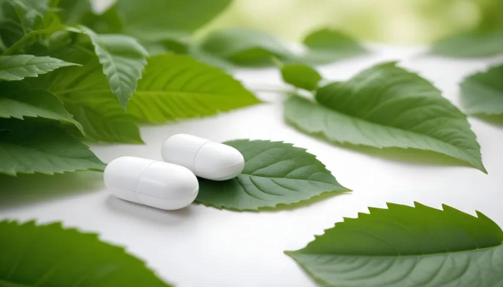 Two White Pills On A White Leaf Surrounded By More Green Leaves On A White Surface In A Natural Environment 18 5528