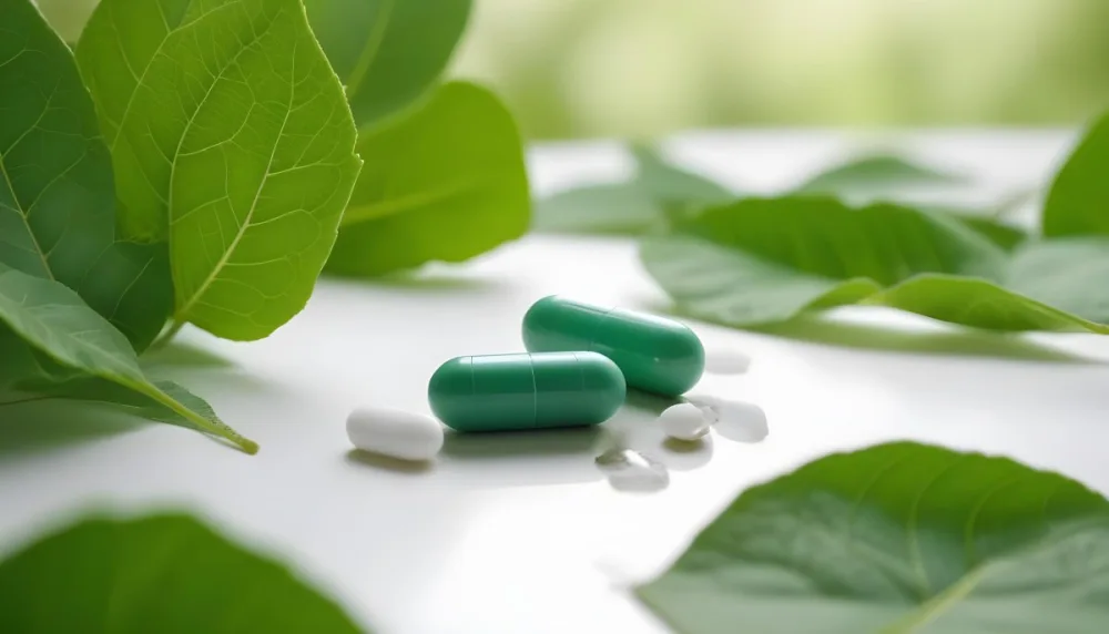 Two White Pills On A White Leaf Surrounded By More Green Leaves On A White Surface In A Natural Environment 19 1a75