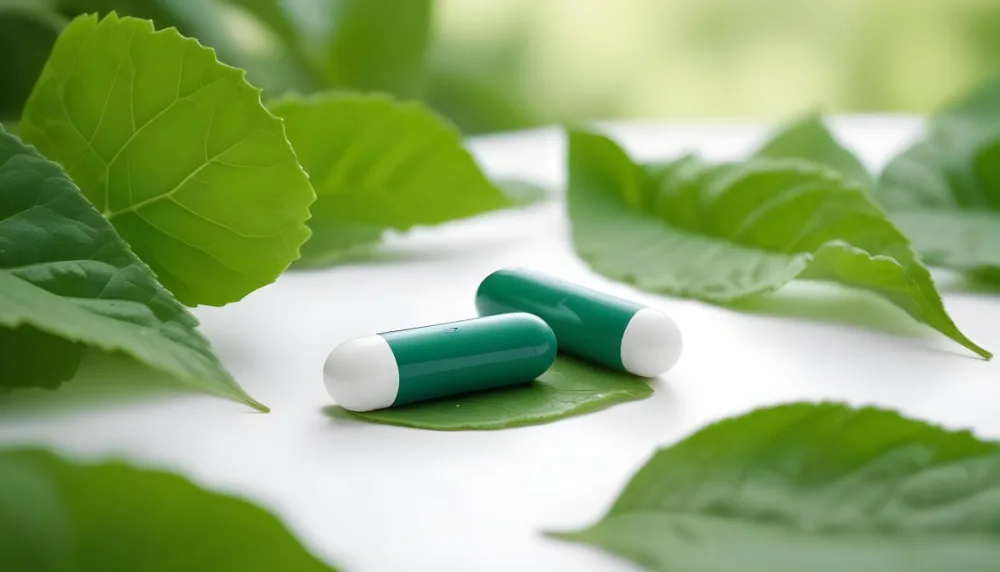 Two White Pills On A White Leaf Surrounded By More Green Leaves On A White Surface In A Natural Environment 27 7908