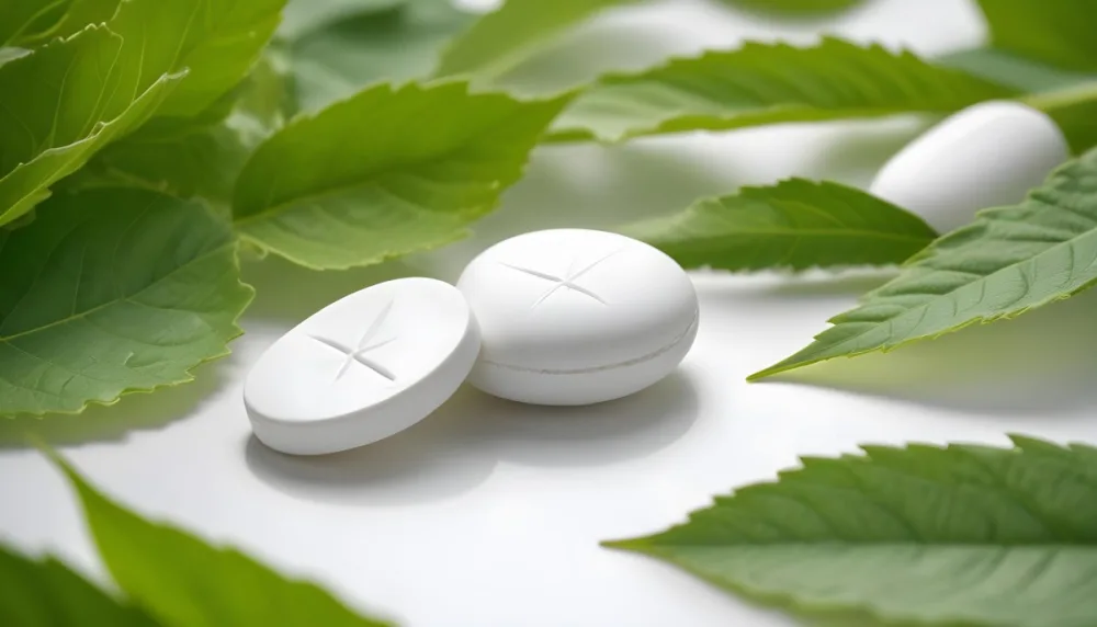 Two White Pills On A White Leaf Surrounded By More Green Leaves On A White Surface In A Natural Environment 5 6be9