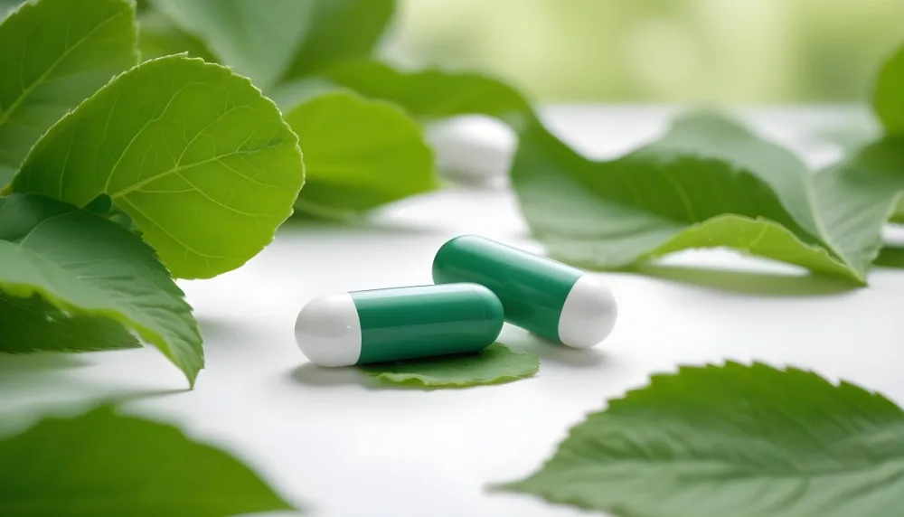 Two White Pills On A White Leaf Surrounded By More Green Leaves On A White Surface In A Natural Environment 6 18c6