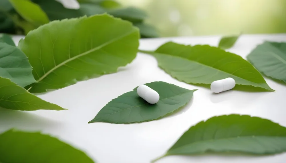Two White Pills On A White Leaf Surrounded By More Green Leaves On A White Surface In A Natural Environment 7 0c47