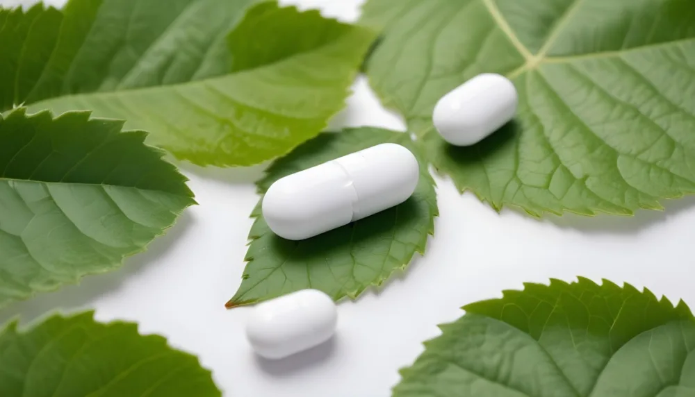 Two White Pills On A White Leaf Surrounded By More Green Leaves On A White Surface In A Natural Environment 9 6345