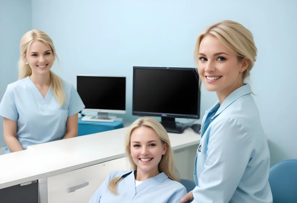 Two Women In A Dental Office Setting One Woman Has Blonde Hair And Is Wearing A Light Blue Medical Coat Smiling At The Camera The Other Woman Also With Blonde Hair Is Seated Across From Her Wearing A Light Blue Shi 3 2c31