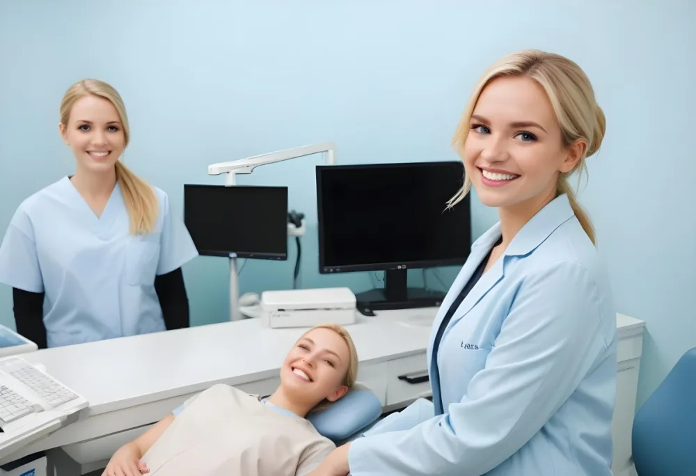 Two Women In A Dental Office Setting One Woman Has Blonde Hair And Is Wearing A Light Blue Medical Coat Smiling At The Camera The Other Woman Also With Blonde Hair Is Seated Across From Her Wearing A Light Blue Shirt 1 8f6d