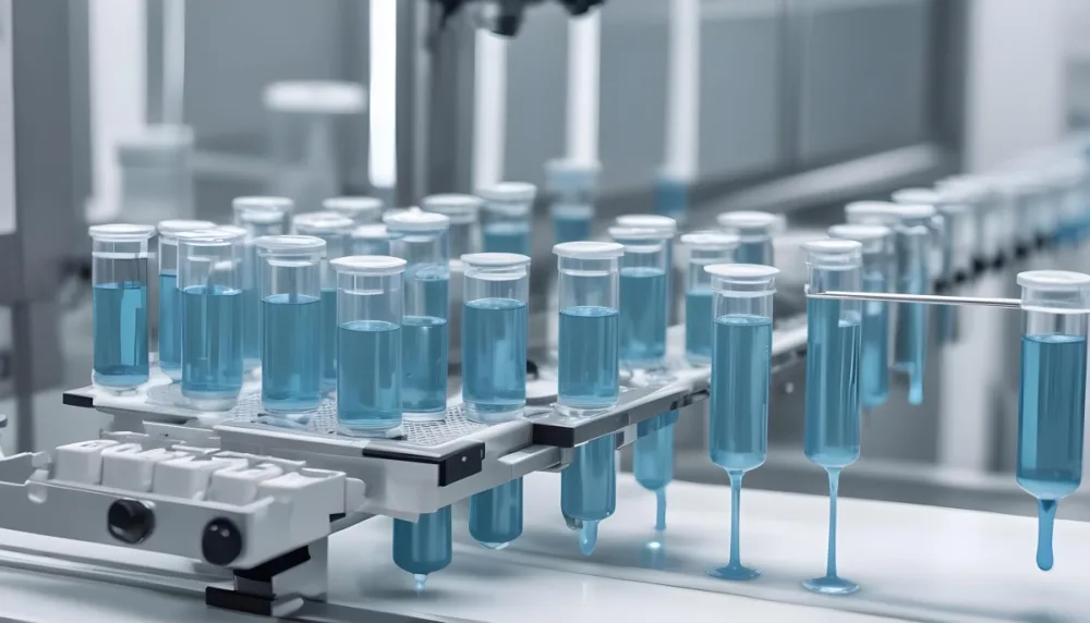 Vaccine Vials On A Conveyor Belt Being Filled With A Blue Liquid The Background Is A Sterile Laboratory Environment 1 F5cf