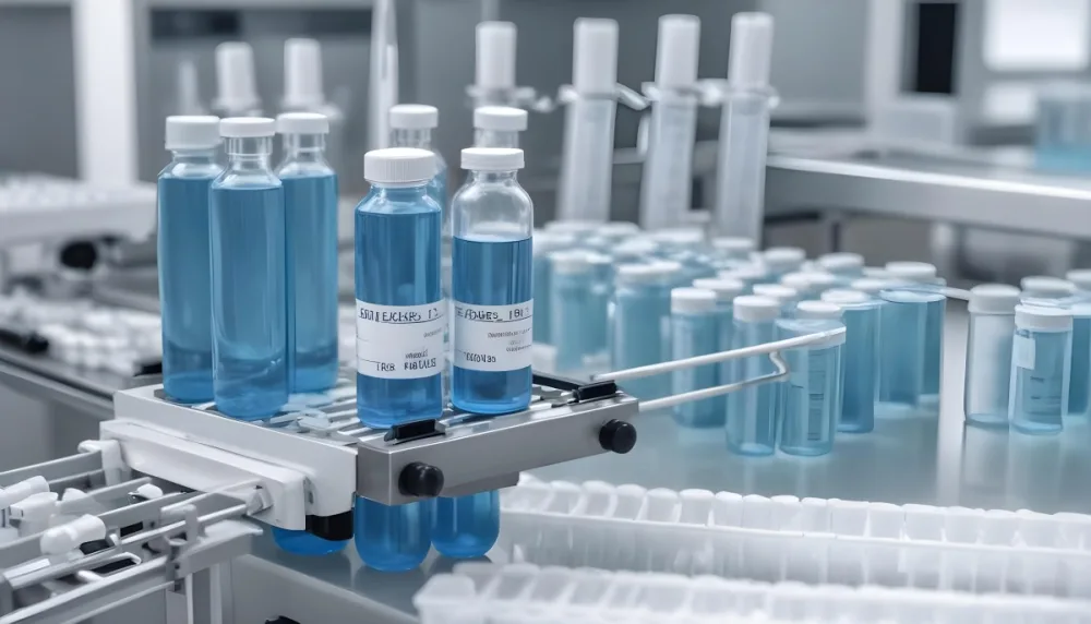 Vaccine Vials On A Conveyor Belt Being Filled With A Blue Liquid The Background Is A Sterile Laboratory Environment 13 359a