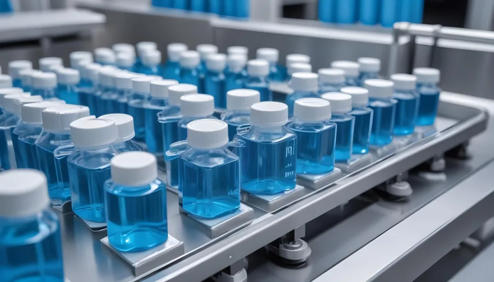 Vaccine Vials On A Conveyor Belt Being Filled With A Blue Liquid The Background Is A Sterile Laboratory Environment 15 487d