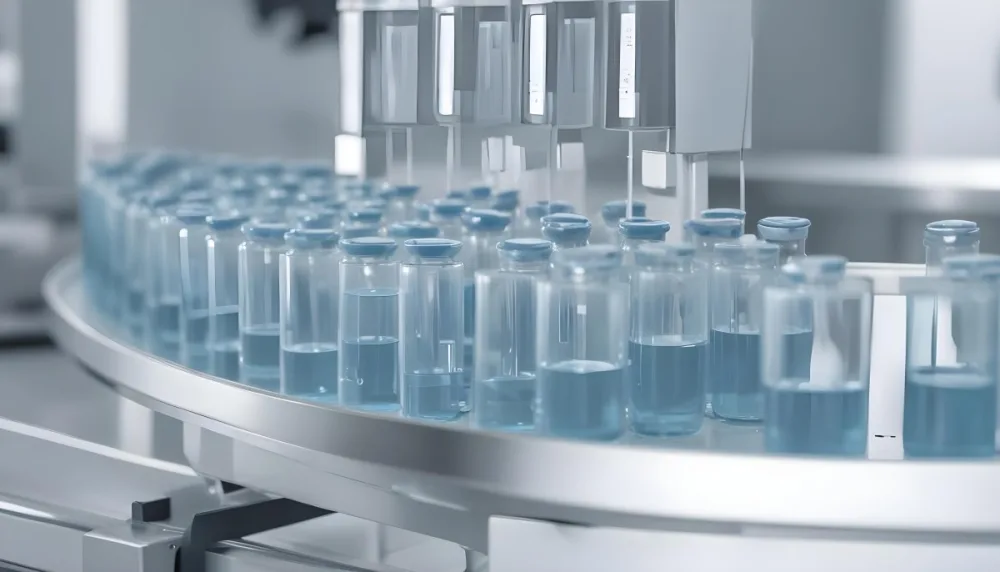 Vaccine Vials On A Conveyor Belt Being Filled With A Blue Liquid The Background Is A Sterile Laboratory Environment 2 Cfe9